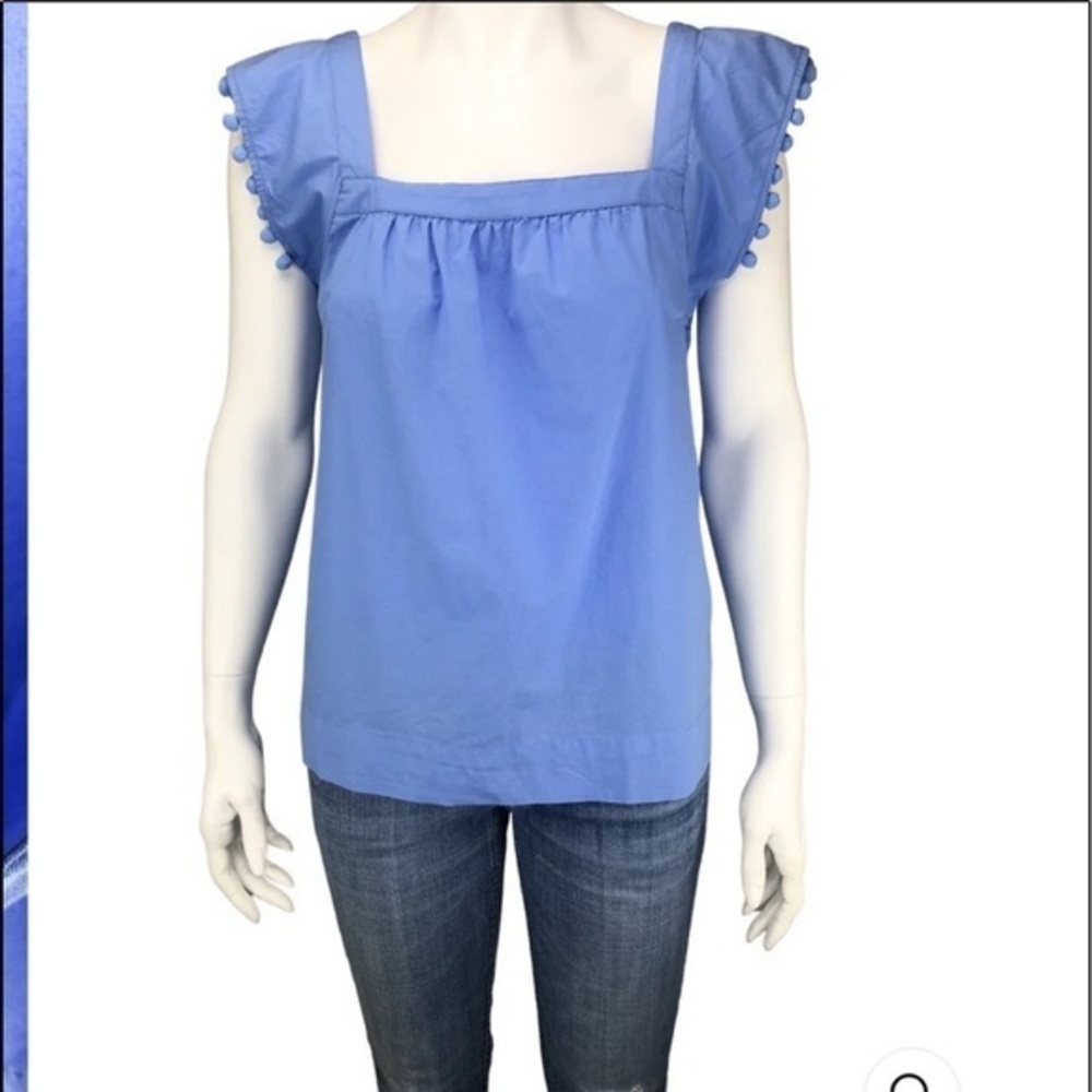 J. Crew Factory Women's Squareneck Pom Pom Tank Top Blue Cotton